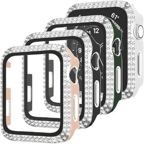 [4 Pack] Rhinestone Case Compatible for Apple Watch Series 3 42mm Silver Dual-Tone Bumper Case Anti-Scratch Tempered Glass Screen Protective Cover Sparkling Bling Case for Women Men iWatch 42mm