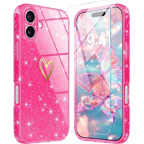 for iPhone 16 Plus Case,[Clear Glitter] 16 Plus Phone Case [with 1X Tempered Glass Screen Protector] Cute Bling Sparkly Phone Case Shockproof Protective Slim Soft Silicone Cover (Hot Pink)