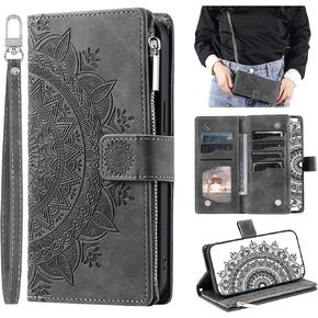Crossbody Wallet Case for Samsung Galaxy S24 Plus, Leather Case with Lanyard Strap Wristlet Zipper Card Holder, Flip Phone case Cover for Samsung S24+ (Grey)