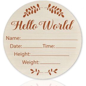 Baby Announcement Sign for Newborn Boys or Girls, Hello World Newborn Sign, Nursery Wall Decor, Baby Name Sign, Olive Leaf Wood Baby Theme Birch Wood 6 inch Circle Board Birth Stat Sign