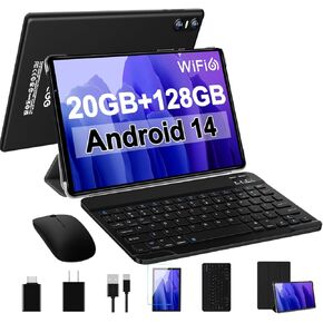 Android 14 Tablet Newest 10.1 inch Tablets,20GB RAM 128GB ROM 1TB Expand,Octa-Core Processor,Dual Camera,WiFi 6,GPS,Bluetooth 5.0,6000mAh Long Battery Life with Keyboard/Mouse-Black