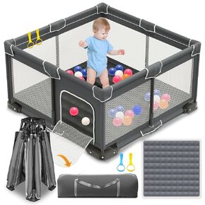 Foldable Playpen for Babies and Toddlers, 50x50 Portable Playpen with Mat, Kids Collapsible Play Pen with 2 Handlers, Indoor & Outdoor Baby Fence Play Area with Visible Mesh, Dark Gray