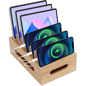 Tissting Charging Station Organizer for Multiple Devices, Wood Cell Phone Desk Docking Portable Tablet Computer Organizer Storage Box for Home Office(19x12x9cm / 7.5x4.7x3.5in)