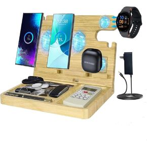 Wood Phone Docking Station,27W Fast Wireless Charging Station for Two Phone/Samsung,Galaxy Watch,Galaxy Buds,Mens Nightstand Organizer,4 Wireless Charger Phone Holder for Desk,Gifts for Dad/Men
