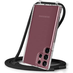 Crossbody Case for Samsung S22 Ultra, Crossbody Phone Cover with Adjustable Nylon Neck Strap Clear Transparent Phone Case-Black