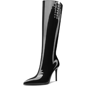 HDEUOLM Womens Stiletto High Heel Pointed Toe Mid Calf Knee High Boots Lace-up Zipper Casual Cute Patent Leather Wide Calf Boots