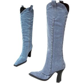 MOYOWEI Women's Knee High Denim Cowboy Boots,2022 Fall Fashion Pointed Toe High Chunky Heel Western Boots w/Pull On Tabs