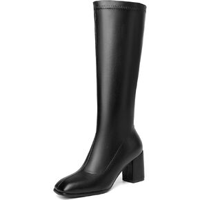 Knee High Boots Women Gogo Boots Leather Tall Boots for Women Square Toe Chunky Heel Long Boots