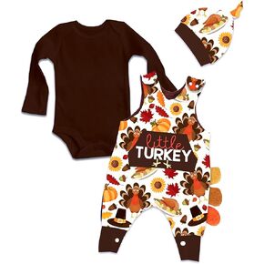 KANGKANG Thanksgiving Baby Boy Outfit My First Thanksgiving Clothes Romper + Turkey overallss + Hat 3Pcs Set