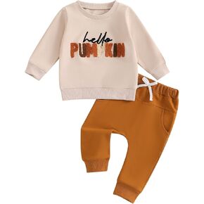 Lesimsam Toddler Baby Boy Halloween Outfit Letter Embroidery Long Sleeve Sweatshirt and Jogger Pants Set 2Pcs Fall Clothes