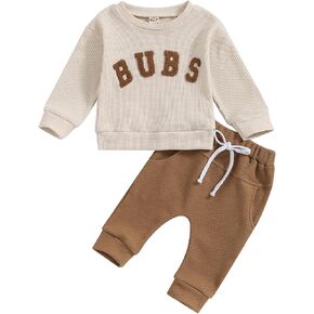 BeQeuewll Fall Winter Baby Boy Clothes Waffle Knit Outfit Set Letter Sweatshirt Solid Pants Infant Toddler Clothes for Boys