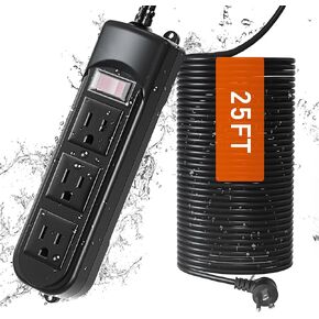 Outdoor Power Strip Weatherproof, 25FT Heavy Duty Outdoor Extension Cord with 3 Outlets, Overload Protection, IPX4 Waterproof, Surge Protector for Kitchen, Bathroom, Patio (25FT-Black)