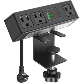 CCCEI 45W USB-C Port 3 Outlets Clamp Power Strip. Fast Charging Home Office Desktop Outlets Essentials Supplies, Standing Desk, Tabletop Edge Mount Power Outlet, for Laptop. Black, 6FT.