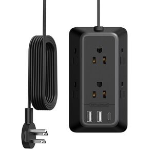 10FT Black Extension Cord, NTONPOWER 1080J Flat Plug Surge Protector Power Strip with 6 Outlets & 3 USB Ports (1USB C), 3 Side Outlet Extender, Wall Mounted Extension Cord for Home Office Living Room