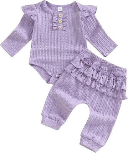 Yoawdats Toddler Baby Girl Clothes Ribbed Knit Ruffle Decor Romper and Solid Long Pant Set Newborn Fall Winter Outfits in Saudi Arabia
