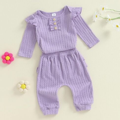 Yoawdats Toddler Baby Girl Clothes Ribbed Knit Ruffle Decor Romper and Solid Long Pant Set Newborn Fall Winter Outfits in Saudi Arabia