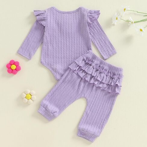 Yoawdats Toddler Baby Girl Clothes Ribbed Knit Ruffle Decor Romper and Solid Long Pant Set Newborn Fall Winter Outfits in Saudi Arabia