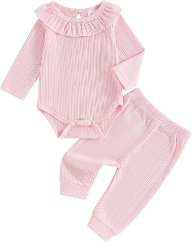 Yoawdats Toddler Baby Girl Clothes Ribbed Knit Ruffle Decor Romper and Solid Long Pant Set Newborn Fall Winter Outfits in Saudi Arabia