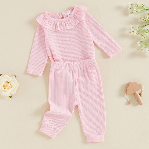Yoawdats Toddler Baby Girl Clothes Ribbed Knit Ruffle Decor Romper and Solid Long Pant Set Newborn Fall Winter Outfits in Saudi Arabia