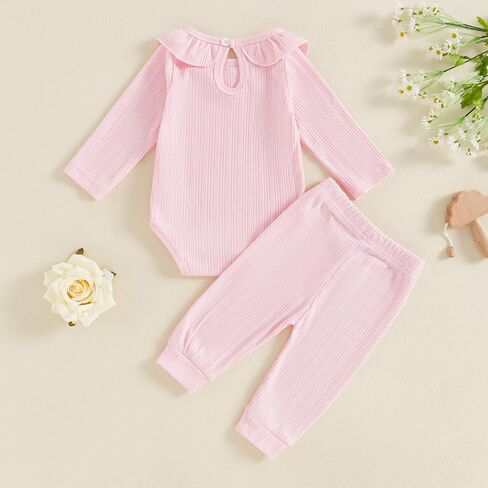 Yoawdats Toddler Baby Girl Clothes Ribbed Knit Ruffle Decor Romper and Solid Long Pant Set Newborn Fall Winter Outfits in Saudi Arabia