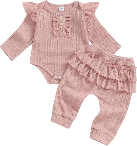 Yoawdats Toddler Baby Girl Clothes Ribbed Knit Ruffle Decor Romper and Solid Long Pant Set Newborn Fall Winter Outfits in Saudi Arabia