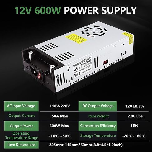 12V Power Supply 12V 50A 600W AC to DC Converter 110V/120V to 12V Transformer LED Driver Smart Cooling Fan Designed for LED Strip CCTV and Car Devices (DC12V, 12V-50A-600W) in Kuwait