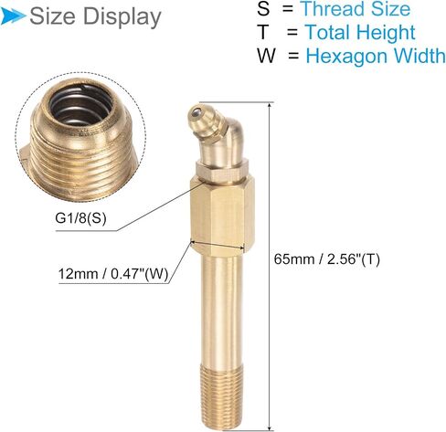 Brass 45 Degree Grease Fitting, | G1/8 Thread 65mm Length | Hydraulic Grease Nipple - (Applications: for Replacing Missing or Broken Oil Fitting), 1-Piece in Saudi Arabia