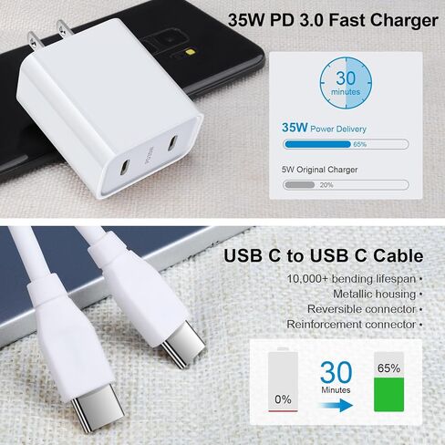 شاحن سريع 35 وات USB C لهاتف Google Pixel 9 Pro XL Fold 9 8a 8 8 Pro 7a 7 7 Pro 6a 6 Pro 5 4a 3XL، Pixel Fold، Samsung Galaxy A15 5G A14 A35 A13 A53 A03s، محول طاقة PD مع 6FT USB C إلى USB كابل سي in Kuwait
