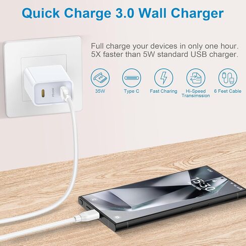 شاحن سريع 35 وات USB C لهاتف Google Pixel 9 Pro XL Fold 9 8a 8 8 Pro 7a 7 7 Pro 6a 6 Pro 5 4a 3XL، Pixel Fold، Samsung Galaxy A15 5G A14 A35 A13 A53 A03s، محول طاقة PD مع 6FT USB C إلى USB كابل سي in Kuwait