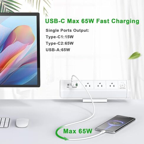 65W Fast Charging Station, Desk Clamp Power Strip with 2 PD USB-C Ports, 3 AC Outlets and 6ft Cord，Desk Mount Charging Station,6 Ft Extension Cord Desk Outlets for Home Office(White) in Saudi Arabia