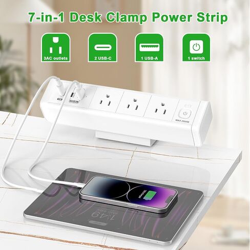 65W Fast Charging Station, Desk Clamp Power Strip with 2 PD USB-C Ports, 3 AC Outlets and 6ft Cord，Desk Mount Charging Station,6 Ft Extension Cord Desk Outlets for Home Office(White) in Saudi Arabia