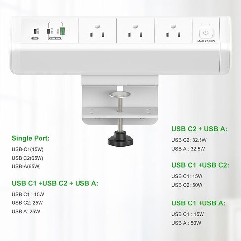 65W Fast Charging Station, Desk Clamp Power Strip with 2 PD USB-C Ports, 3 AC Outlets and 6ft Cord，Desk Mount Charging Station,6 Ft Extension Cord Desk Outlets for Home Office(White) in Saudi Arabia