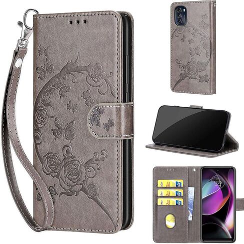Designed for Motorola Moto G 5G 2022 Case Wallet,Women Flip Folio Cover with Embossed PU Leather Stand Credit Card Holders Slots Wrist Strap Phone Case for Moto G 5G 2022 (Gray Flower) in Saudi Arabia