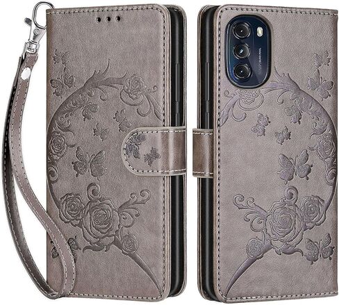 Designed for Motorola Moto G 5G 2022 Case Wallet,Women Flip Folio Cover with Embossed PU Leather Stand Credit Card Holders Slots Wrist Strap Phone Case for Moto G 5G 2022 (Gray Flower) in Saudi Arabia