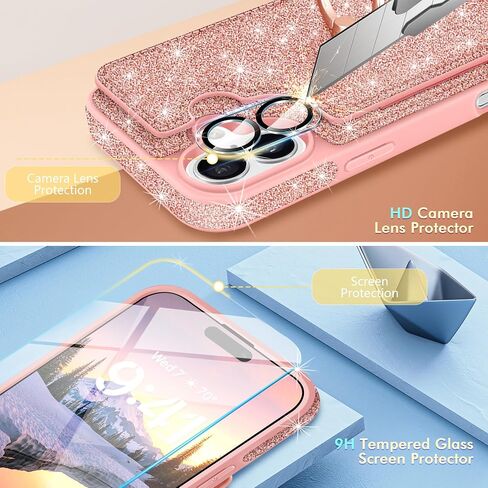 محفظة لهاتف iPhone 16، مع [واقي شاشة + واقي عدسة الكاميرا] حامل بطاقات لامع 5 وحامل حلقي قابل للدوران 360 درجة من جلد البولي يوريثان غطاء مقاوم للصدمات لهاتف iPhone 16,6.1"، ذهبي وردي in Kuwait