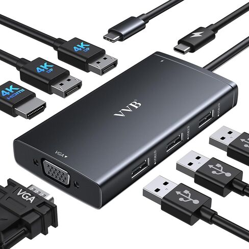 USB C Docking Station Dual Displayport Monitor Adapter for Dell/HP/Lenovo Laptop, Laptop Docking Station 3 Monitors Quadruple Display with 4K HDMI+2 DP+VGA USB-C Hub, USB C Dock to 100W PD+3USB in Kuwait