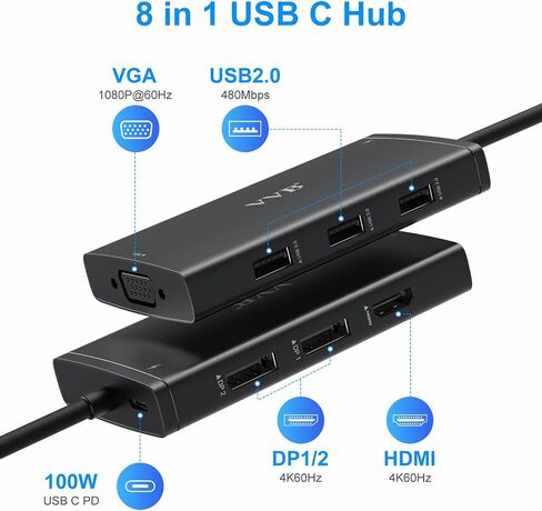 USB C Docking Station Dual Displayport Monitor Adapter for Dell/HP/Lenovo Laptop, Laptop Docking Station 3 Monitors Quadruple Display with 4K HDMI+2 DP+VGA USB-C Hub, USB C Dock to 100W PD+3USB in Kuwait