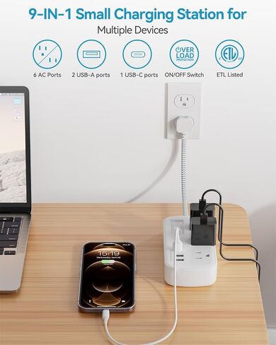 Short Extension Cord 1ft - Flat Plug Small Power Strip Surge Protetor with 6 Outlets 3 USB (5V/3.4A 17W) Charging Ports, Multi Plug Wall Outlet Splitter for Home Office Dorm Roomc, ETL Listed in Kuwait