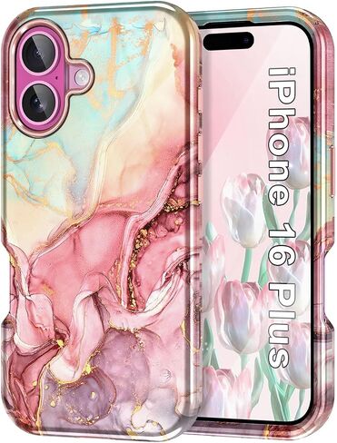 حافظة Btscase لهاتف iPhone 16 Plus (2024)، [تم اختبار السقوط من الدرجة العسكرية] تصميم نمط رخامي نحيف متين مقاوم للصدمات للنساء والفتيات والرجال، غطاء واقٍ مضاد للخدش لهاتف iPhone 16 Plus، ذهبي وردي بالكامل in Kuwait