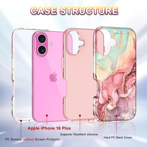 حافظة Btscase لهاتف iPhone 16 Plus (2024)، [تم اختبار السقوط من الدرجة العسكرية] تصميم نمط رخامي نحيف متين مقاوم للصدمات للنساء والفتيات والرجال، غطاء واقٍ مضاد للخدش لهاتف iPhone 16 Plus، ذهبي وردي بالكامل in Kuwait