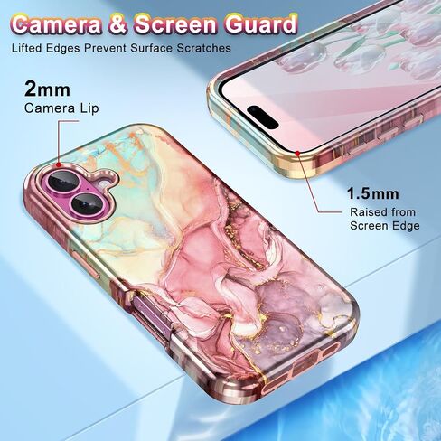 حافظة Btscase لهاتف iPhone 16 Plus (2024)، [تم اختبار السقوط من الدرجة العسكرية] تصميم نمط رخامي نحيف متين مقاوم للصدمات للنساء والفتيات والرجال، غطاء واقٍ مضاد للخدش لهاتف iPhone 16 Plus، ذهبي وردي بالكامل in Kuwait