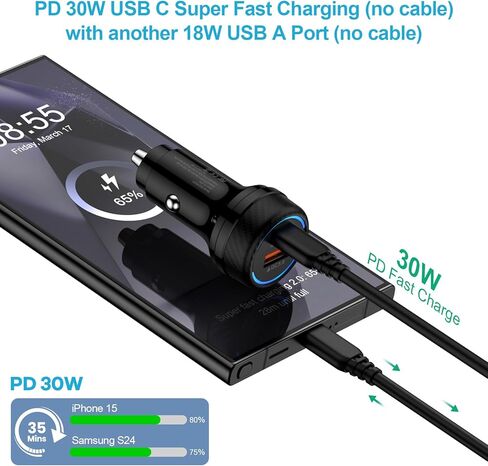 قابس محول شاحن سيارة USB C فائق السرعة بقدرة 48 وات لهواتف iPhone 16، وGoogle Pixel 9، و9 Pro XL Fold، وiPhone 15 16 Pro Max Plus، وSamsung Galaxy S24 S23، وشاحن سيارات للهاتف الخلوي بمنفذ مزدوج in Kuwait