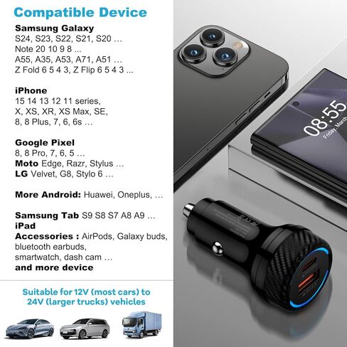 قابس محول شاحن سيارة USB C فائق السرعة بقدرة 48 وات لهواتف iPhone 16، وGoogle Pixel 9، و9 Pro XL Fold، وiPhone 15 16 Pro Max Plus، وSamsung Galaxy S24 S23، وشاحن سيارات للهاتف الخلوي بمنفذ مزدوج in Kuwait