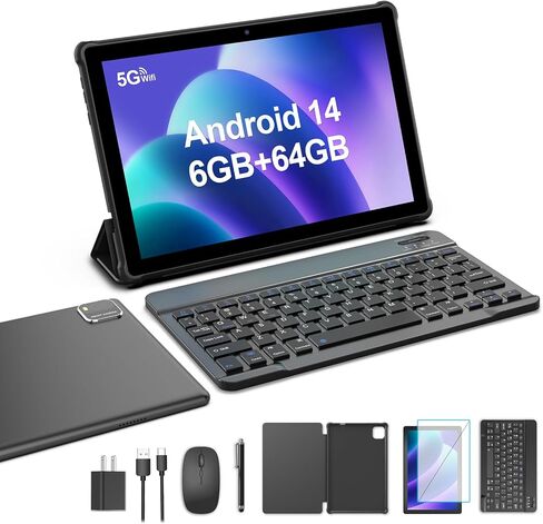 Tablet 10 inch Android 14 Tablets 2024 Newest, 6GB RAM 64GB ROM 1TB Expanded, 6000mAh Battery, 5G Wi-Fi 6, 2MP+8MP Dual Camera, Bluetooth, 1280 * 800 FHD IPS Tablet with Keyboard(Black) in Kuwait