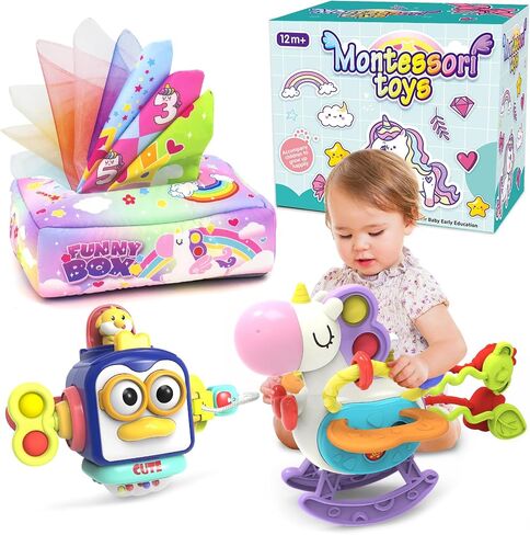 4 in 1 Baby Toys 6 to 12 Months,Learning Toys for Babies 6 12 18 Months, Infant Toys Stacking Rings,Busy Cube,Spinner Toys,Tissue Box Toy,Sensory Educational Gift for Toddlers Aged 1-3 in Saudi Arabia