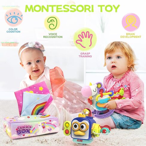 4 in 1 Baby Toys 6 to 12 Months,Learning Toys for Babies 6 12 18 Months, Infant Toys Stacking Rings,Busy Cube,Spinner Toys,Tissue Box Toy,Sensory Educational Gift for Toddlers Aged 1-3 in Saudi Arabia