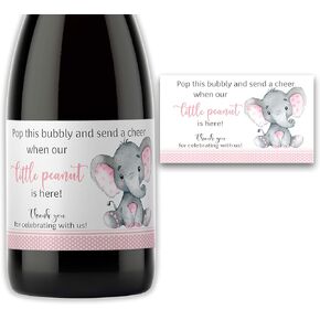 Set of 18 Mini Champagne Labels, Girl Baby Shower Favors, Pop The Bubbly, Baby Sprinkle, Pink Little Peanut Elephant M500-E-18