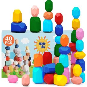 Giggle & Play - 40 Pcs Wooden Stacking Stones Set, Montessori Toys for 3+ Year Old, Stacking Blocks for Fine Motor Skills & Creativity, Multicolor Playset for Toddlers & Kids, Free Storage Bag