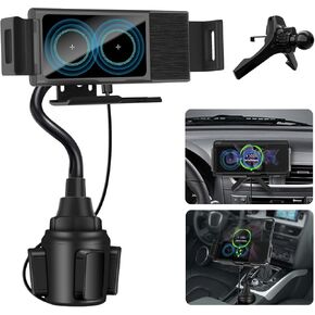 Wireless Car Charger for Z Fold 6/5/4/3, Dual Coil Cup Holder Phone Mount for Tesla, Fast Charging Auto Clamping Auto Rotation 90° Air Vent Mount for iPhone 15/14/13/12 Serie