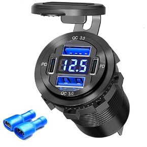 12V USB Outlet 78W Car Charger Socket Dual 30W PD Dual 18W QC3.0 with Voltmeter Switch Aluminum 12V Power Outlet Car USB Port Adapter for Car Truck Golf RV Marine